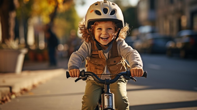 Kind rijdt evenwicht fiets terwijl glimlachen Mannelijke peuter leren rijden op een run fiets op een skate park terwijl het dragen van een helm