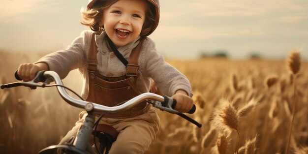 Foto kind rijdt op een oude fiets door een veld generatieve ai