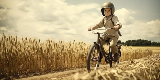 Kind rijdt op een oude fiets door een veld generatieve ai