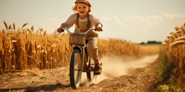 Foto kind rijdt op een oude fiets door een veld generatieve ai