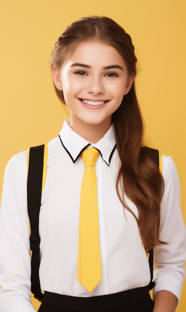 Foto kind schoolmeisje met rugzak en kijkt in de camera op gele achtergrond