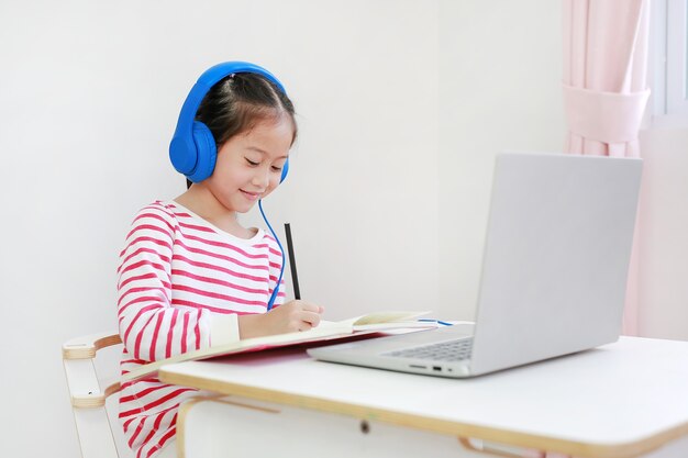 Kind schrijven en het gebruik van hoofdtelefoonstudie online leerklas met laptop