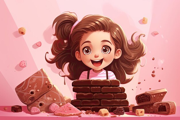 Милая девочка ест шоколад, носит футболку, изолирована на розовом фоне, нездоровая еда.