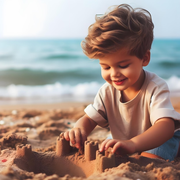 Foto kind speelt in het zand op het strand jongen op het zand