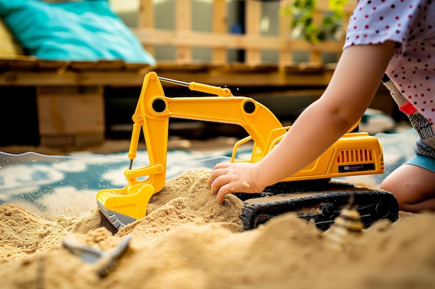 Kind speelt met een geel graafmachine speelgoed in een zandbak