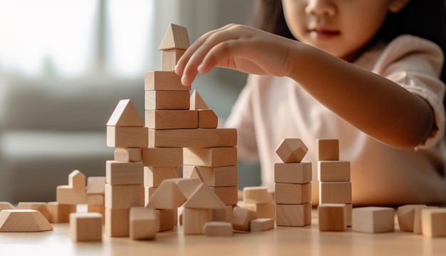 Kind speelt met kleurrijke houten speelgoedblokken kleine jongen of meisje bouwt torenblokken speelgoed
