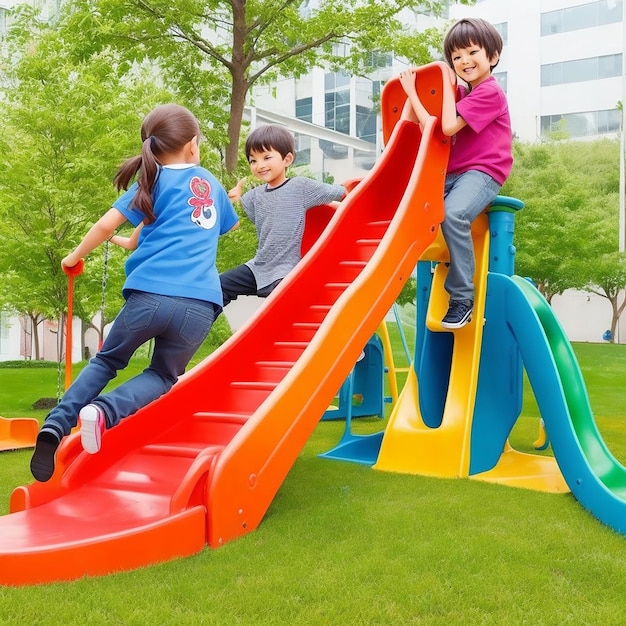 Kind speelt op buitenspeeltuin Kinderen spelen op de kleuterschool Schommel Kinderen spelen Kleurrijk park