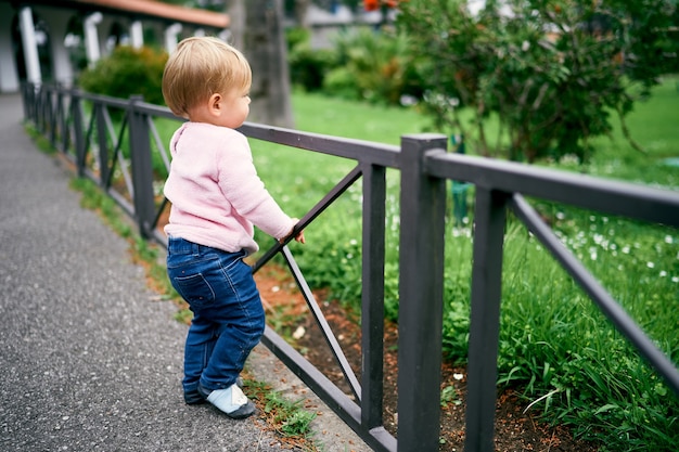 Kind staat en houdt met zijn handen een hek in een groen park