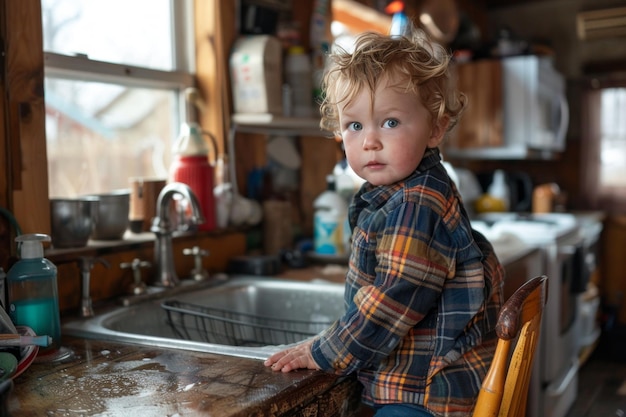 kind staat op een stoel om zijn handen te wassen bij de keuken kraan