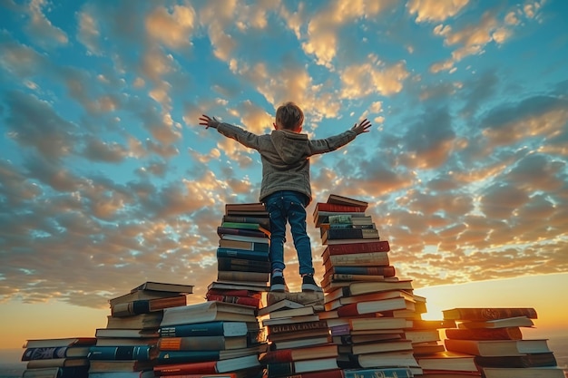 Foto kind staat op toren van boeken op de achtergrond van zonsondergang hemel ai gegenereerd