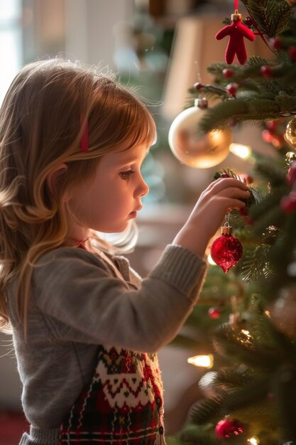 kind tegen de achtergrond van een kerstboom Generatieve AI