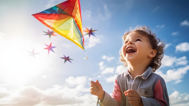 Foto kind verbaasd door een kleurrijke vlieger die in de lucht vliegt