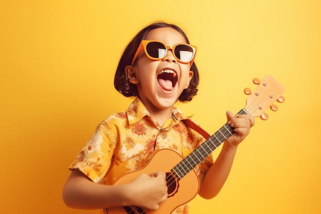 Kind vrolijk spelen ukelele Leuke jongen Genereer Ai