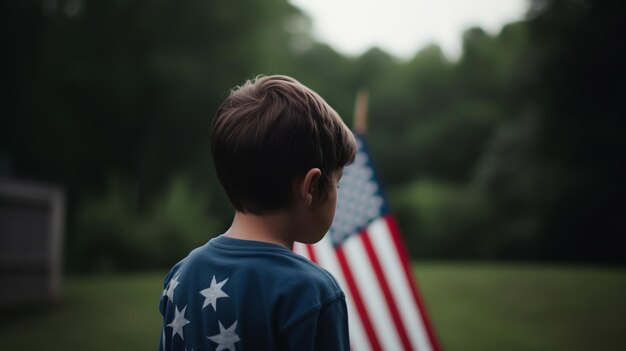 Kind zit in de buurt van grafstenen met Amerikaanse vlaggen