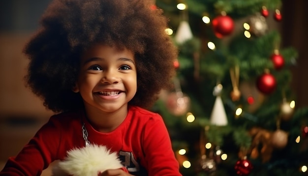 Kind zit op de schoot van Afro-Amerikaanse Kerstman rond