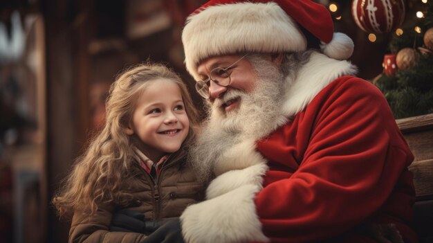 Kind zit op de schoot van de kerstman en vertelt hem wat ze willen voor Kerstmis Generatieve AI