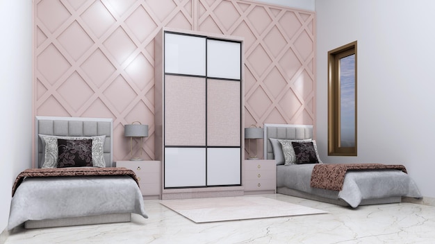 Kinder slaapkamer roze meubelen, 3D-rendering design interieur