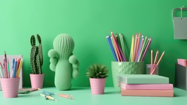 Kinderbureau creatieve werkruimte met schoolbenodigdheden cactus Illustratie AI Generatief