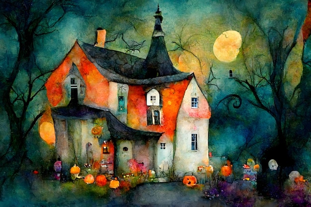 Kinderen aquarel schilderij van halloween spookhuis 's nachts kleurrijke grillige neurale