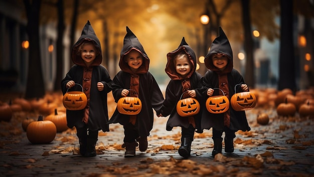 Kinderen bedriegen of behandelen in Halloween-kostuum met pompoenmand op straat