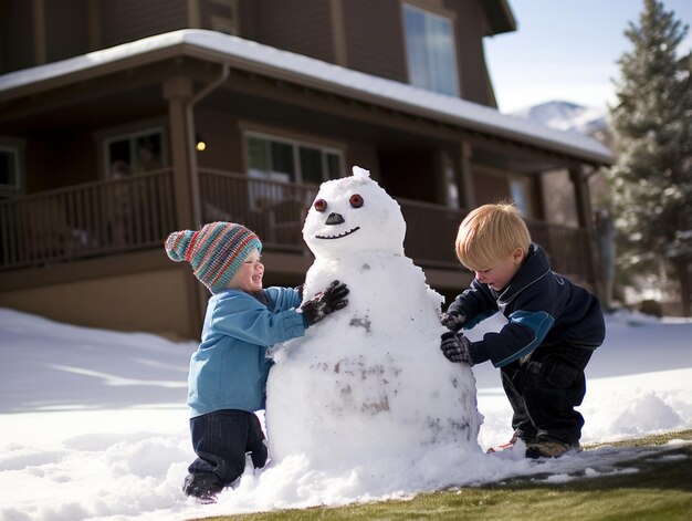 Kinderen bouwen een sneeuwman op een winterdag.