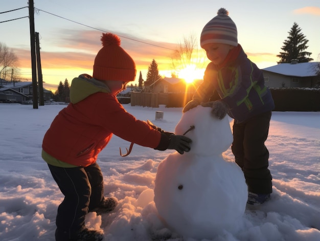 Kinderen bouwen een sneeuwman op een winterdag.