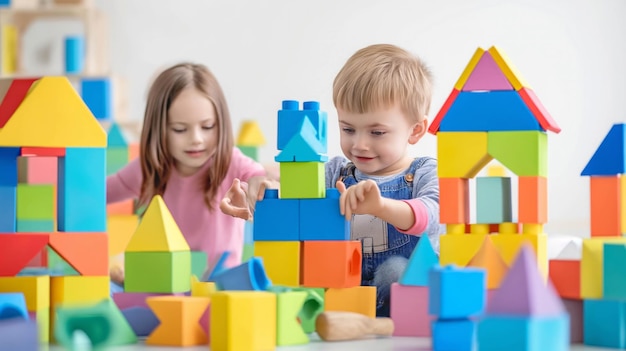 Kinderen bouwen met blokken op een witte achtergrond