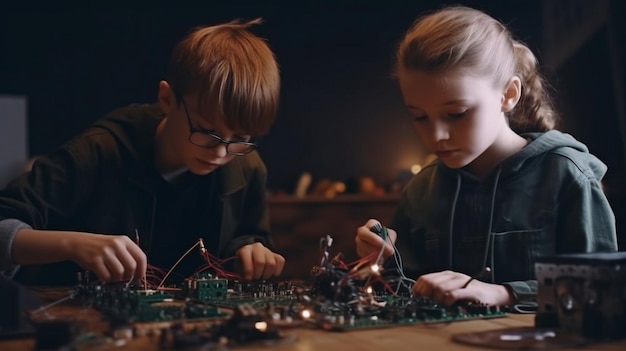 Kinderen bouwen robots Generatieve AI schattig meisje houdt elementen en draden vast terwijl jongen printplaat soldeert