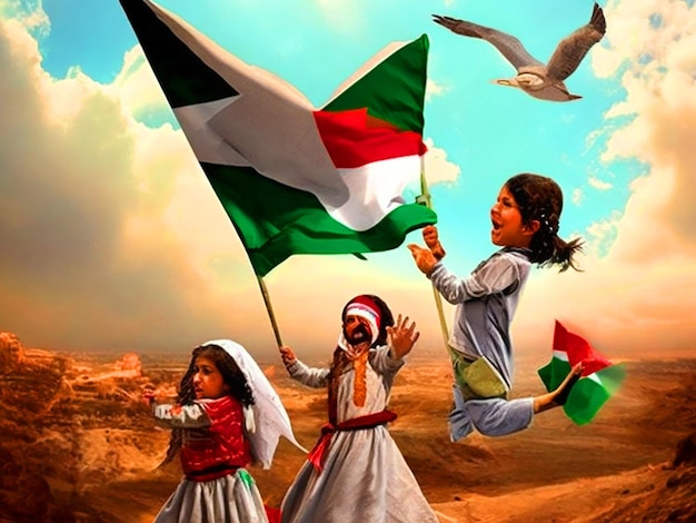 Kinderen die de vlag van Palestina vasthouden, huren stockfoto's en afbeeldingen