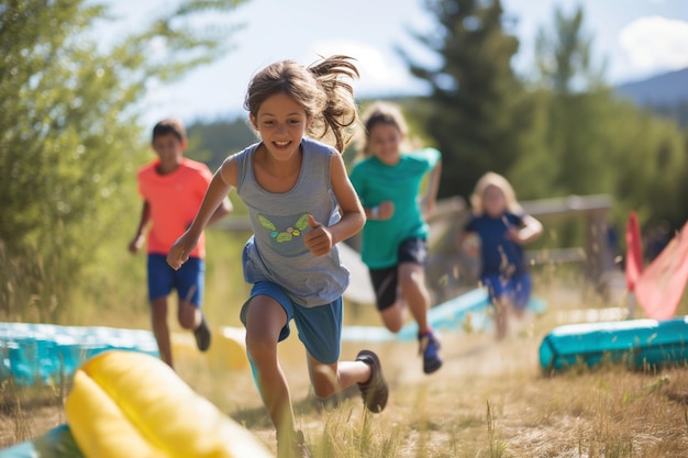 Foto kinderen die door een hindernisbaan rennen.