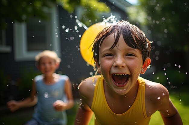 Kinderen die een speelse waterballongevecht hebben in een achtertuin