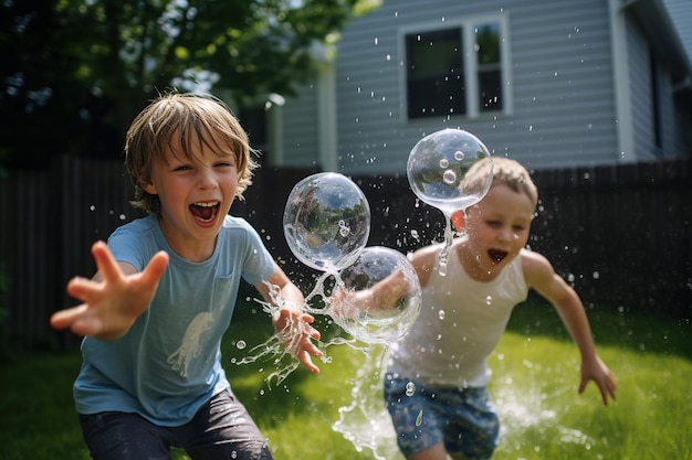 Kinderen die een speelse waterballongevecht hebben in een achtertuin