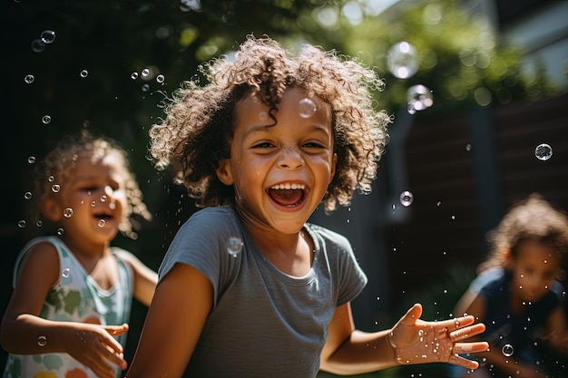 Kinderen die een speelse waterballongevecht hebben in een achtertuin