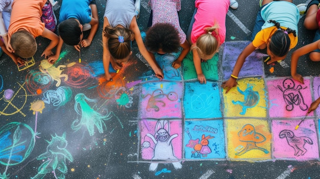 Kinderen die gelukkig met krijt tekenen tijdens een leuke recreatieve gebeurtenis AIG41
