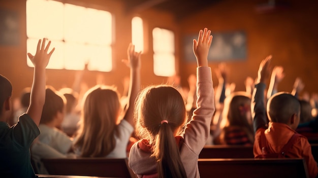 kinderen die handen opheffen op school onderwijs en leren concept