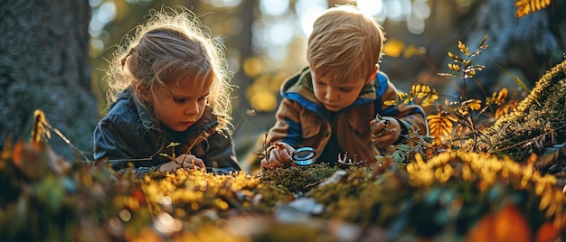 Foto kinderen die in het bos kijken via een vergrootglasxa