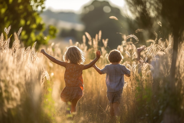 Kinderen die met uitgestrekte armen door een veld met hoog gras rennen, zomer