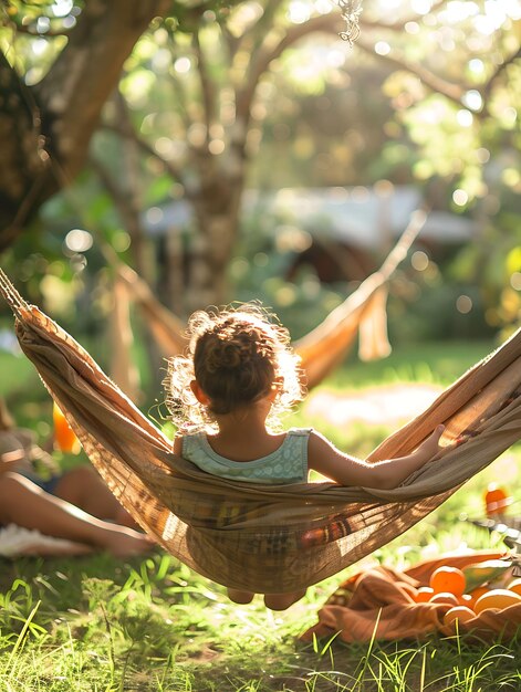 Kinderen die op een hangmat zwaaien in een rustig Paraguayaans park