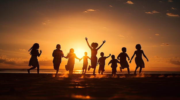 Kinderen die plezier hebben bij zonsondergang schaduwen vrijheid en vreugde