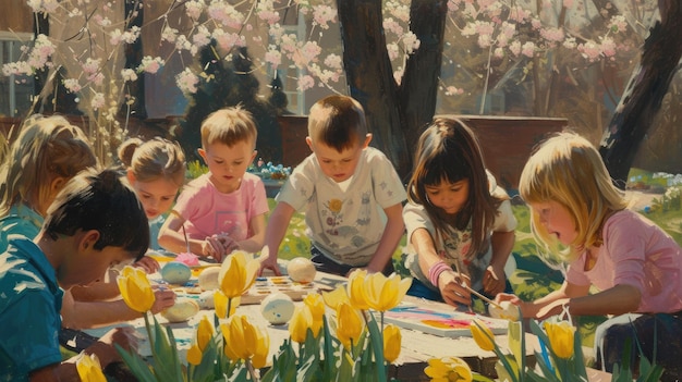 Kinderen die plezier hebben op de weide en paaseieren planten in het gras.