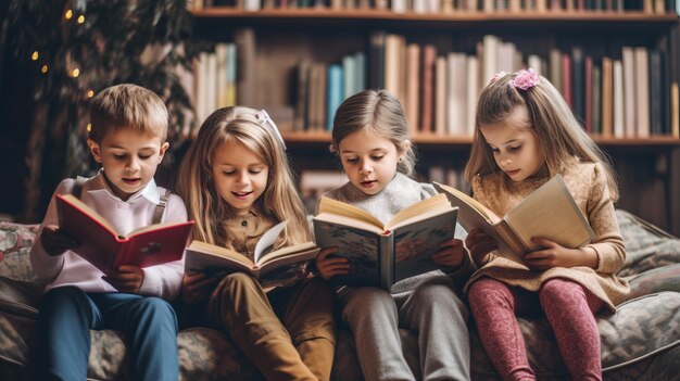 Foto kinderen die samen boeken lezen terwijl ze zitten