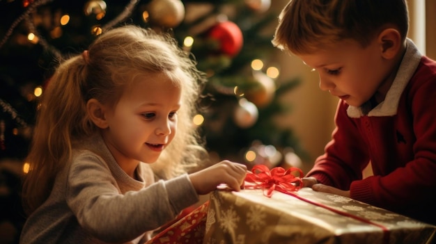 Kinderen die schenken uitpakken bij de kerstboom op kerstmorgen