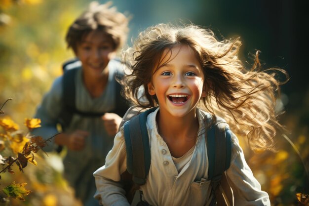 Kinderen die vreugdevol rennen in het herfstbos