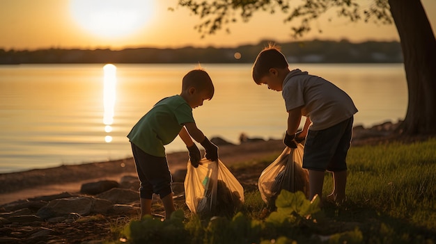 Kinderen die vuilnis ophalen in het park voor de Dag van de Aarde op het meer