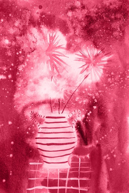 Kinderen diy aquarel tekening vaas boeket helder bloeiende chrysant bloemen in volle bloei als feestelijke groet vuurwerk kinderkunst schilderij afgezwakt in viva magenta trendkleur van het jaar 2023