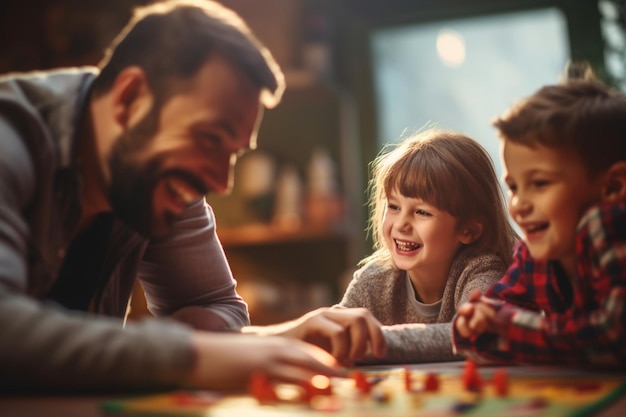 Kinderen en hun vader spelen een bordspel en lachen samen Vaderdag