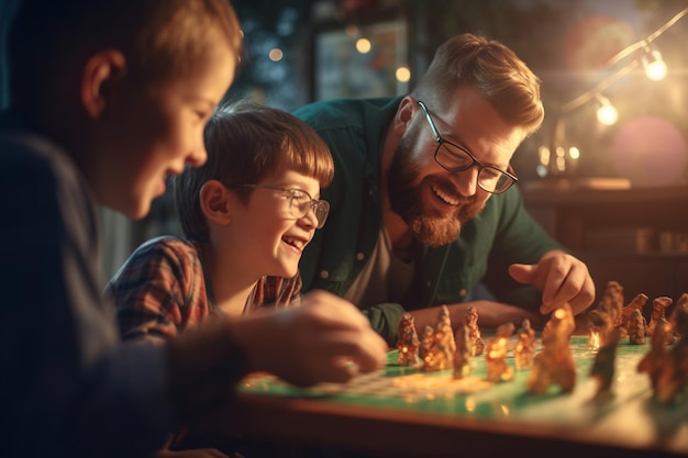 Kinderen en hun vader spelen een bordspel en lachen samen Vaderdag