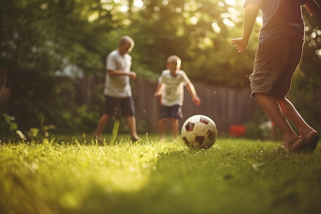 Kinderen en hun vader spelen een vriendschappelijk potje voetbal in de achtertuin Vaderdag