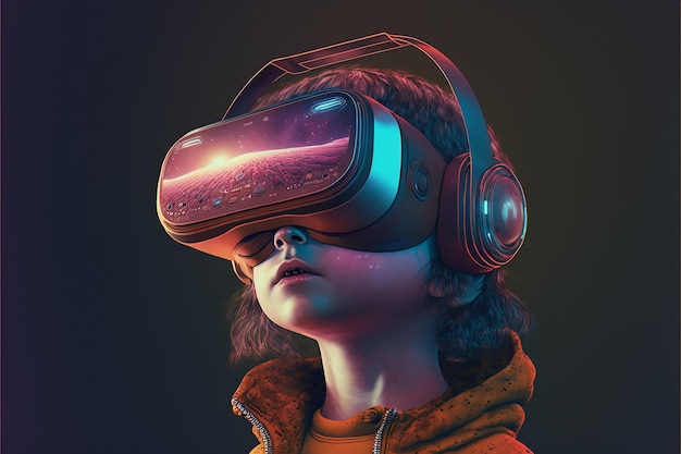 Kinderen en Metaverse Kind met VR-headset in fantasiewereld cyberwereld virtuele realiteit De toekomst van kinderen generatie alpha Metaverse digitale technologie concept Generatieve AI