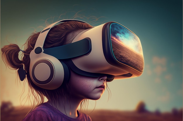 Kinderen en Metaverse Kind met VR-headset in fantasiewereld cyberwereld virtuele realiteit De toekomst van kinderen generatie alpha Metaverse digitale technologie concept Generatieve AI